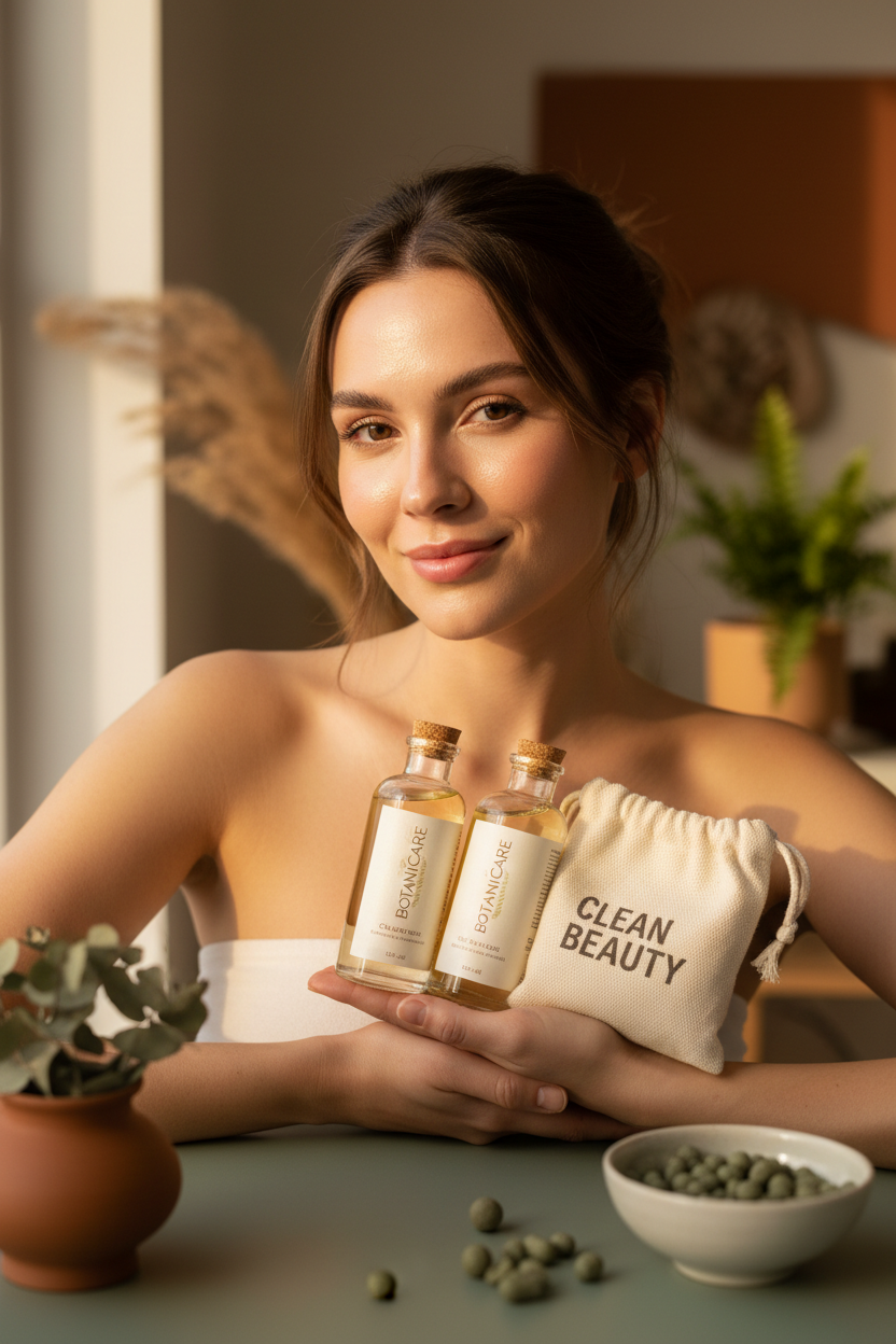 Woman with clear glowing skin holding the natural acne care bundle in warm sunlight